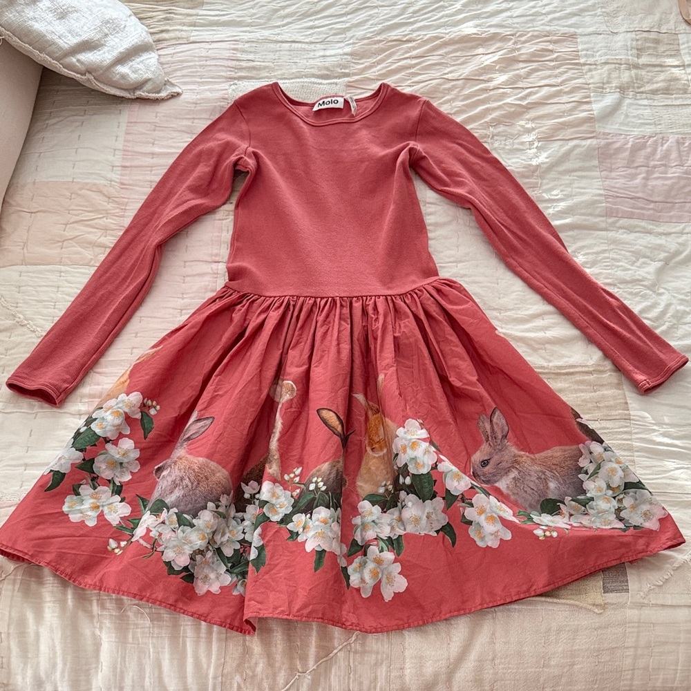 Molo Rose Pink Forest Bunnies & Floral Long-Sleeve Casie Dress 146/152 (11-12)